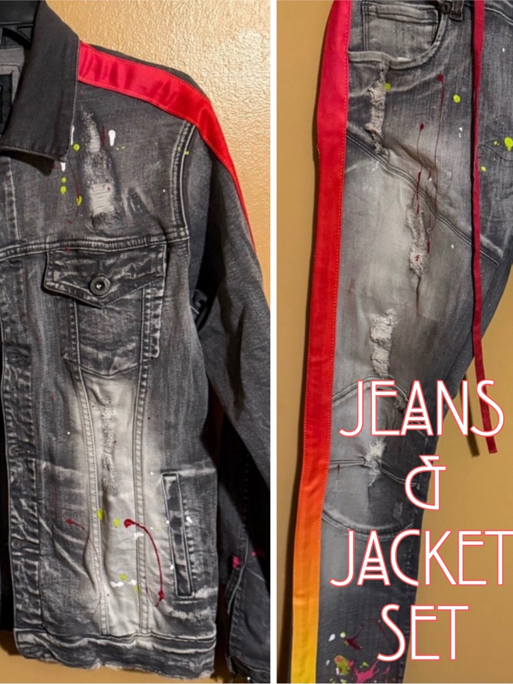 NEW! FOCUS Authentic Wear Men's Black/Grey Denim Jacket & Distressed Jeans Set